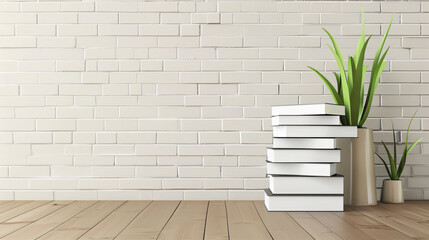 A stack of books stands against the background of a white brick wall
