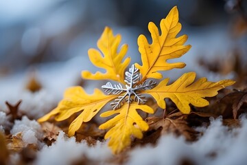 Close-up of a snowflake on a winter background with a yellow leaf. The idea that December marks the end of fall and the start of winter - obrazy, fototapety, plakaty