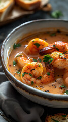 bowl of creamy shrimp soup, garnished with herbs and slices of bread on the side, on a dark grey...