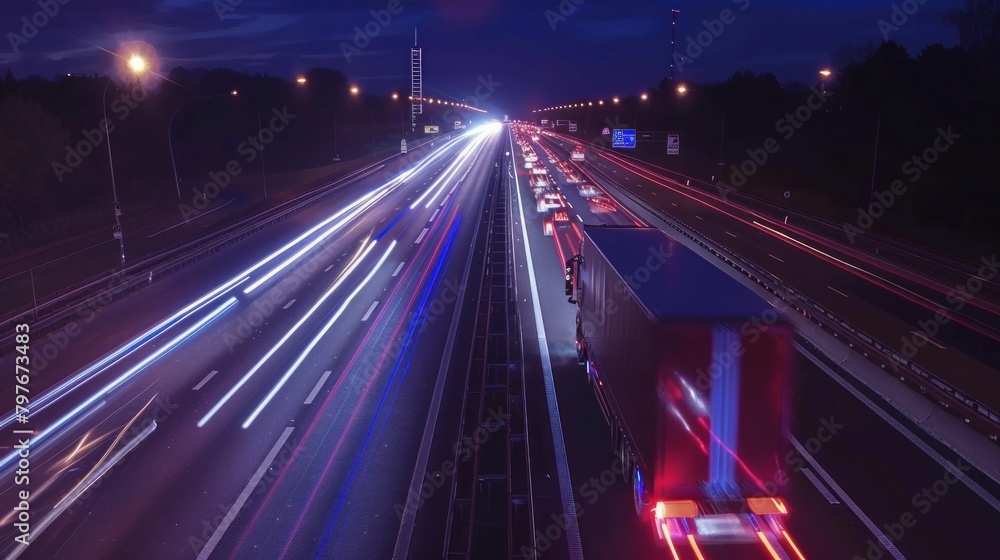 Poster high-speed timelapse of trucks on highway at night creating blur of motion and light trails