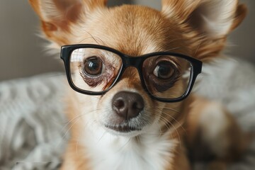 Chihuahua dog wearing a fresh color.Put on black glasses on a white Background.