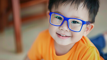 Boy with blue glasses and orange T-shirt
