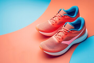 A studio shot of running shoes on bright color background. Flat lay