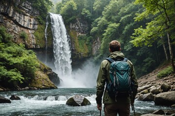 Back view of male hiker with backpack and trekking poles standing on shore near waterfall in forest