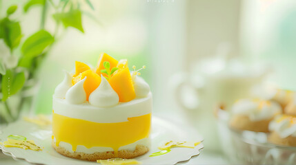 Dessert with mango and cream on a white plate
