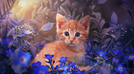 Cute red kitten sitting among blue flowers
