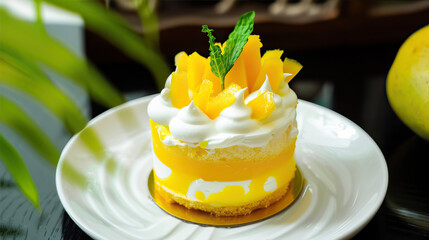 Dessert with mango and cream on a white plate
