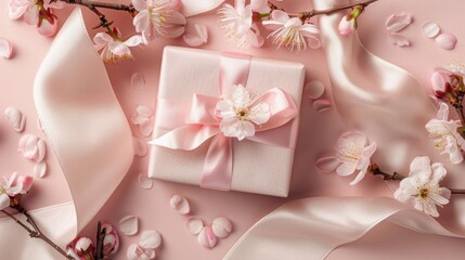 Elegant spring gift box surrounded by cherry blossoms and petals on pastel pink background. Seasonal gift-giving and springtime celebrations.