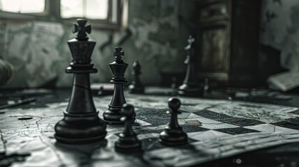 Chess pieces on an old table in an abandoned house. Political and strategic concept.