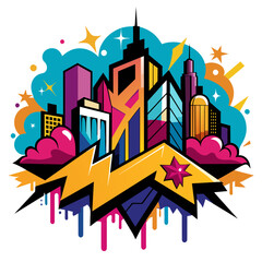 Dynamic vector illustration featuring a bustling city skyline adorned with graffiti-style street art, capturing the vibrant energy of urban culture.