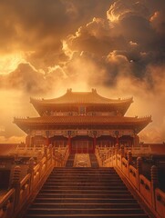 Fototapeta premium The golden palace shrouded in clouds and mist in the valley