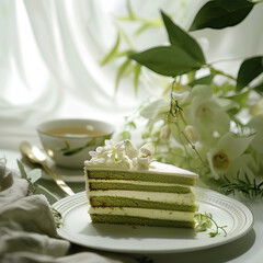 Green slice of cake decorated with flowers
