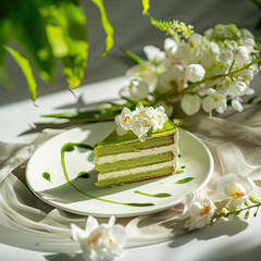 Green slice of cake decorated with flowers
