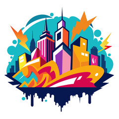 Dynamic vector illustration featuring a bustling city skyline adorned with graffiti-style street art, capturing the vibrant energy of urban culture.