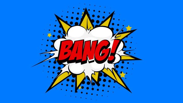 Bang! Word in Red-colored Text in Cartoon Comic Bubbles with Explosive Patterns on a Vibrant Blue Background, Seamlessly Looping Animation in 4K resolution.