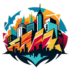 Dynamic vector illustration featuring a bustling city skyline adorned with graffiti-style street art, capturing the vibrant energy of urban culture.