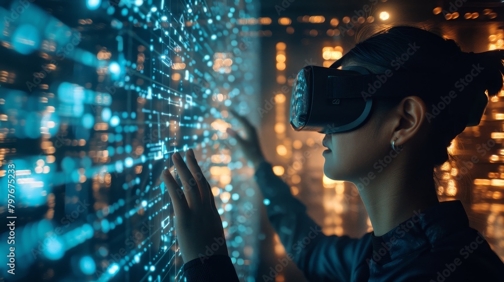 Poster a photo of a person wearing virtual reality glasses, interacting with a 3d data grid floating in the
