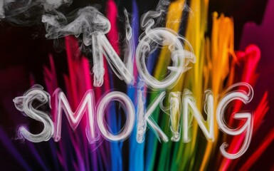 No Smoking Sign with Text Warning and Colorful Backdrop Obscured by Smoke - Health Warning, Public Spaces, Addiction Awareness