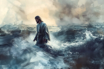 Jesus walks on water and calms the sea as in bible