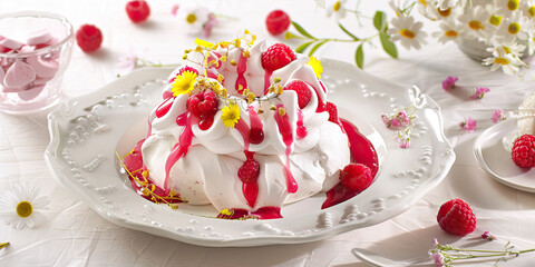 Dessert with meringue and raspberries on a plate
