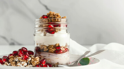 Yogurt with muesli and pomegranate in a transparent jar on the table
