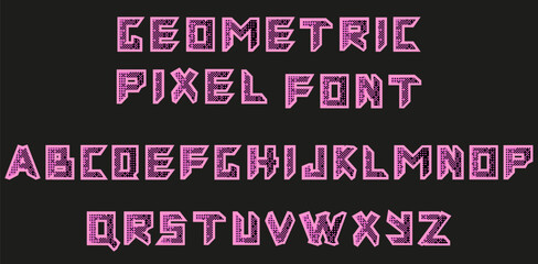 Trend Pink Doll Font design in modern Pixel Art style. Grunge Texture Alphabet collection isolated black background. Y2K Vector can used Typography text design in Web poster, banner, brochure. EPS 10