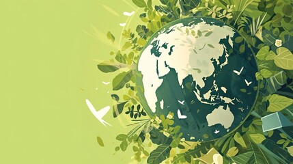 Happy earth day. Ecology concept. Design with globe map drawing and leaves on green background. illustration. ,Generative ai, 