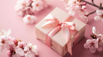 Elegant Gift Box with Sakura. Pink Ribbon Blossoms
