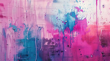 Abstract beauty of messy paint strokes and smudges on an old painted wall, showcasing vibrant pink, purple, and blue colors.