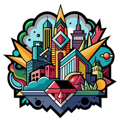 Edgy sticker depicting a modern cityscape with bold, abstract street art motifs interwoven throughout the architecture, evoking a sense of creativity and rebellion