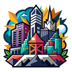 Edgy sticker depicting a modern cityscape with bold, abstract street art motifs interwoven throughout the architecture, evoking a sense of creativity and rebellion