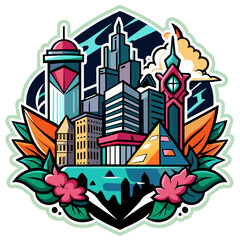 Edgy sticker depicting a modern cityscape with bold, abstract street art motifs interwoven throughout the architecture, evoking a sense of creativity and rebellion