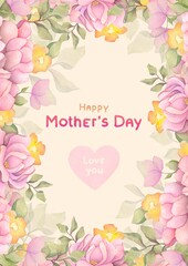 Happy Mother's Day Calligraphy greeting card. watercolor pink flowers and botanical leaves on white background. beautiful vertical banner, poster design
