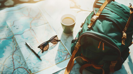 Backpack, sunglasses, map on light aesthetic background. Vacation trip planning concept. Travel template. Generative AI