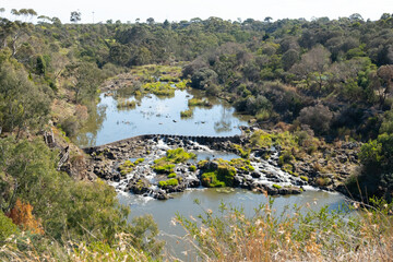 An elevated view of Buckley Falls Nature Reserve and Buckley Falls Weir from a lookout. Geelong, VIC Australia.