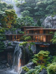 Modern architecture in the valley, waterfall from top to bottom