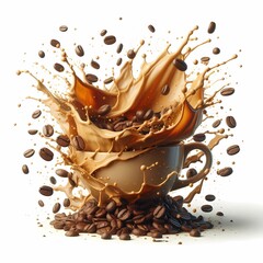 Coffee Splash with Coffee Beans on White Background. Generative AI