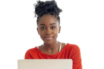 Young woman with laptop on white background.