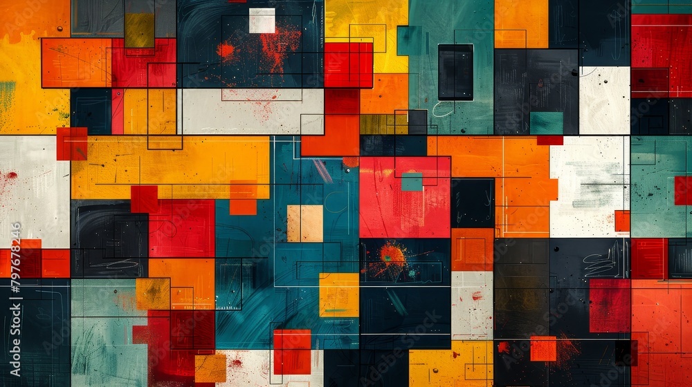 Poster grid art: a vector illustration of an abstract painting with geometric shapes arranged in a grid pat
