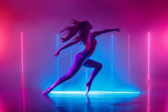 ballet dancer practicing with rainbow color shadows and purple glow, generative ai