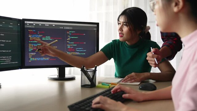 Back end software developer engineer for computer programming working together on debugging writing computing code, solving complex algorithms display on monitor in office. Burgeoning