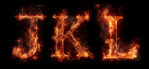 Fire letters JKL font alphabet made of burning letters on black background