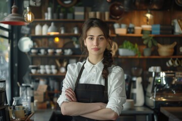 Isolated female small business owner or barista in apron.