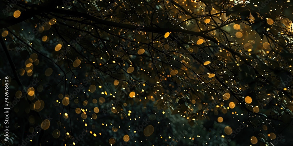 Poster enchanting bokeh backdrop illuminated by the gentle glow of fireflies.