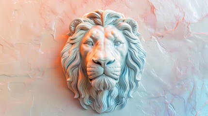 Statue of a lion's head on a pastel background, made of marble.