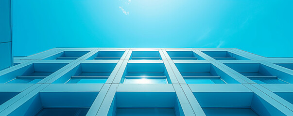 Obraz premium Low Angle Shot of Modern Geometric Facade, Corporate Business Center. Blue Sky, White Clouds, Glass Wall, Financial District, Smart Building, Industrial Architecture. Technology, Innovation, Success