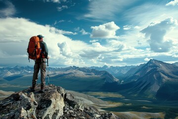 Naklejka na ściany i meble Man hiking photo backpacking adventure mountain.