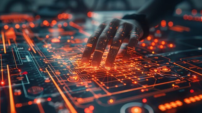 Grid Lines: A 3D vector illustration of a graphic designer using grid lines to align elements in a digital layout