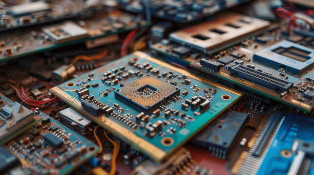Close-up of various computer components and circuit boards with microchips, capacitors, and connectors, showcasing technology and electronics complexity.