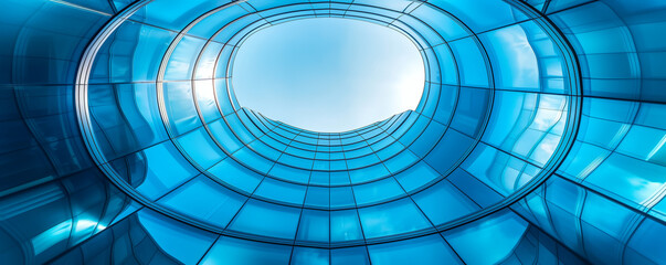Naklejka premium Low Angle Shot of Modern Geometric Facade, Corporate Business Center. Blue Sky, White Clouds, Glass Wall, Financial District, Smart Building, Industrial Architecture. Technology, Innovation, Success